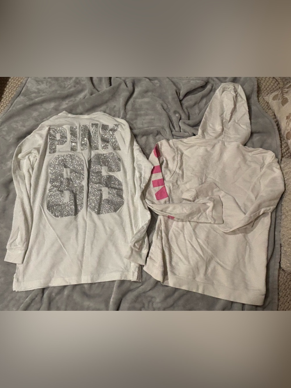 PINK Victoria's Secret Bundle White Hoodie & Long Sleeve Top with Silver Glitter